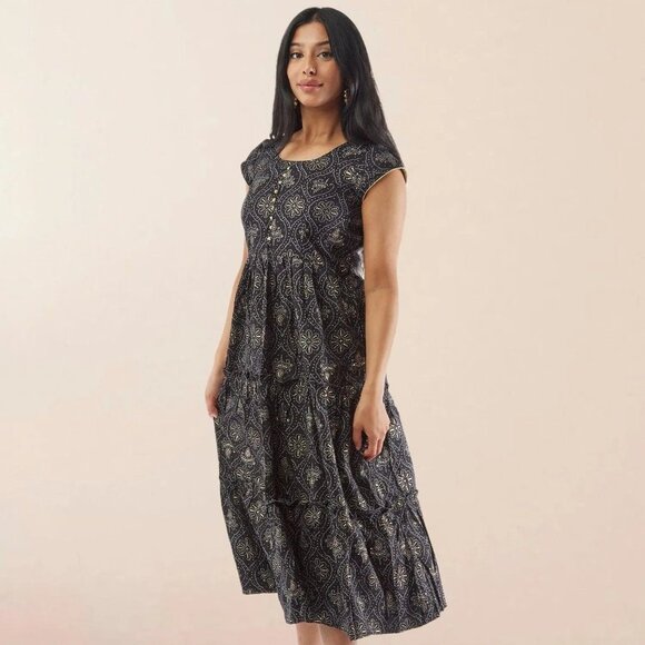 Stylish Black Printed Rayon Tiered Dress | Muvvas Boutique - Picture 2 of 4